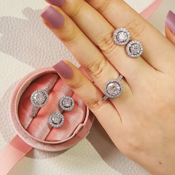 NEW 925 Sterling Silver Diamond Earrings+Ring Set - Picture 2 of 9